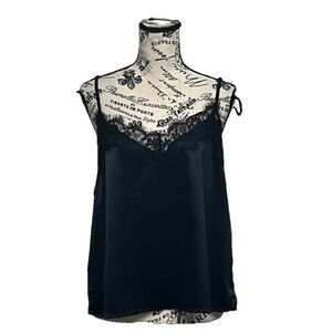 Womens Cami Lace Trim Boxy Oversized Black Satin Cropped Goth Grunge Dark Vampy
